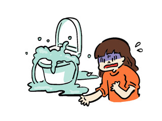 トイレの水があふれて困惑する女性のイラスト