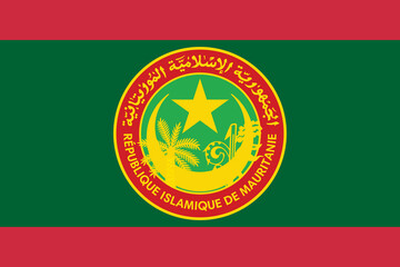 The official current flag and coat of arms of ISLAMIC REPUBLIC OF MAURITANIA. State flag of MAURITANIA. Illustration.