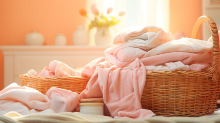 Obraz na płótnie Canvas A serene bathroom setting is adorned with fluffy towels in shades of peach and cream, resting in a woven basket under the caress of golden sunlight. Peach Fuzz 