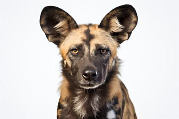 African Wild Dog close-up portrait on a white background.