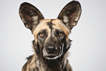 African Wild Dog close-up portrait on a white background.