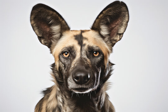 African Wild Dog close-up portrait on a white background.