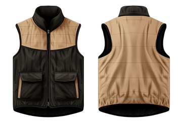 Front And Back Views Luxury And windproof Beige And Ebony Vest With Fleece On Transparent Background