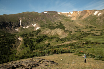 Hiker taking pix in Rocky Mtn NP; Colorado 