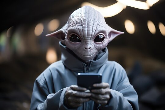funny alien looking at a smart phone