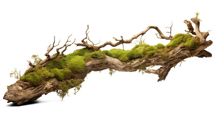Rotten branch covered with green moss isolated on transparent background. Generative AI - obrazy, fototapety, plakaty