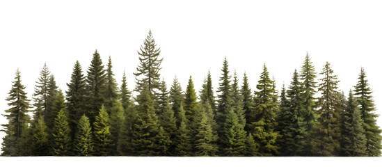 Green evergreen fir pine spruce trees treeline isolated on transparent background. Generative AI