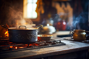 Rustic kitchen, cast iron stove emitting warm glow, simmering pot with savory aroma, vintage kettle on the burner, cozy atmosphere.