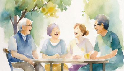 机で向き合って笑い合う高齢者たちの水彩イラスト