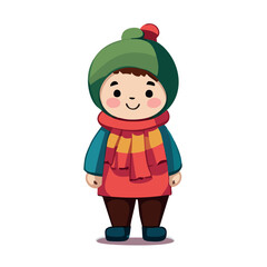 Vector de un niño en invierno con bufanda y gorro verde