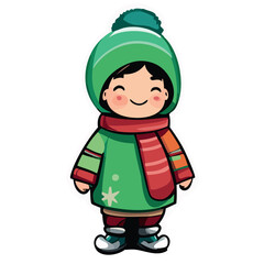 Vector de un niño en invierno con bufanda y gorro verde