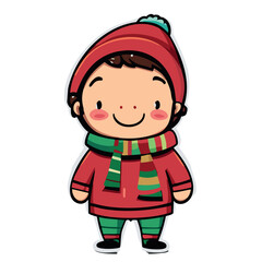 Vector de un niño en invierno con bufanda y gorro rojo