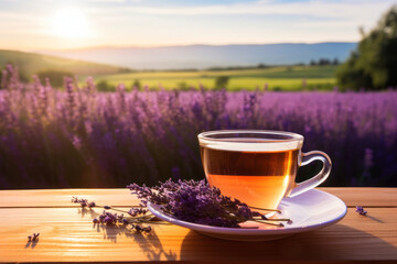 Cup of fresh healthy lavender tea on a wooden table on sunny morning. Lavender tea poured into clear glass cup. Herbal medicine. - obrazy, fototapety, plakaty