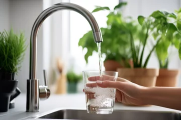 Foto op Plexiglas Filling up a glass with clean drinking water from kitchen faucet. Safe to drink tap water. © MNStudio