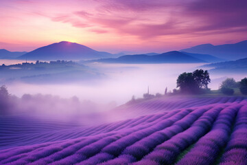 Obraz premium Endless lavender fields with long purple rows of lavender plants on sunny summer sunset.