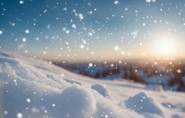 Winter snow background with snowdrifts, with beautiful light and snow flakes on the blue sky in sunset or morning