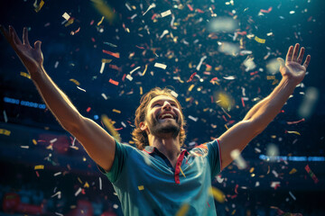 Tennis victory, triumphant player leaping at the net, racket raised in celebration, confetti falling around the court, pure joy in the moment of triumph.