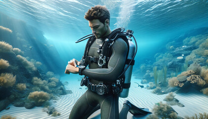 un homme en train de regarder sa montre de plongée sous la surface de la mer - obrazy, fototapety, plakaty
