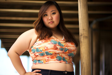 Graceful Asian Plus-Size Woman in Vivid Floral Swimwear by the Poolside