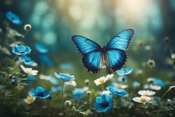 Beautiful spring background with blue butterfly in flight and flowers anemones in forest in nature