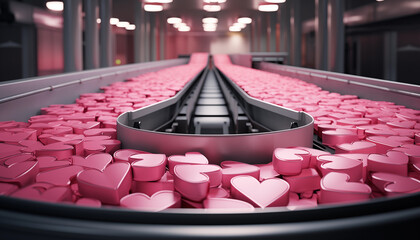 Pink and white Valentine's heart gift and presents moving along a conveyor belt in a warehouse fulfillment center.