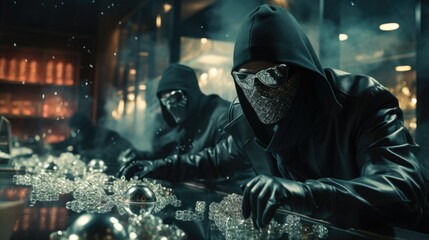 Cinematic intense moment of masked bank robbers storming into the vault, bags in hand. Robbers, money, jewelry. Generative ai