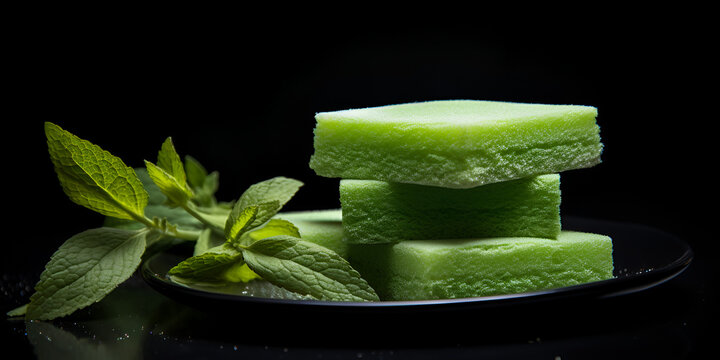 slices on black, Go_vegan_text_with_fresh_green_leaf_on_nature_green, Colourful natural herbal soap stock photo, Culinary Contrast: Slices on Black Background, 
