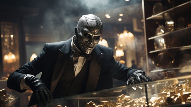 Cinematic intense moment of masked bank robbers storming into the vault, bags in hand. Robbers, money, jewelry. Generative ai