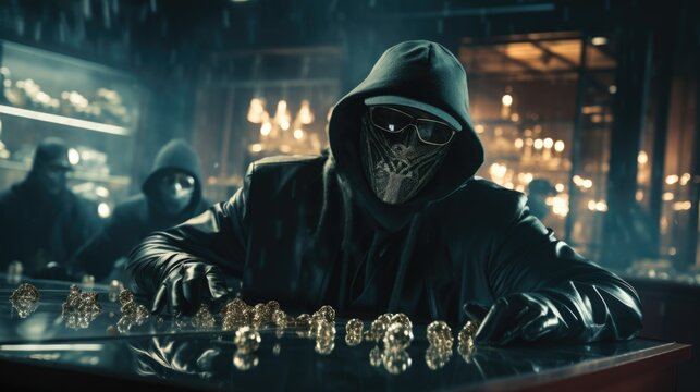 Cinematic intense moment of masked bank robbers storming into the vault, bags in hand. Robbers, money, jewelry. Generative ai