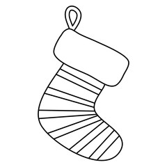 Festive striped Christmas sock for holidays gifts, doodle style vector outline for coloring book
