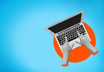 Contemporary collage. hands typing on computer