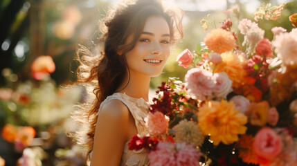 Wedding bouquet takes flight, soaring through the air against the backdrop of a picturesque wedding bride woman. Wedding spring beautiful portrait girl bouquet in field. Generative ai