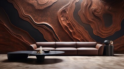 A 3D illusion in rich brown epoxy tones transforms the plain wall into a captivating visual experience, with its glossy texture unveiled in exquisite detail by the HD lens.