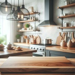 Fototapeta na wymiar Minimalist wood tabletop in bright kitchen, perfect for product display