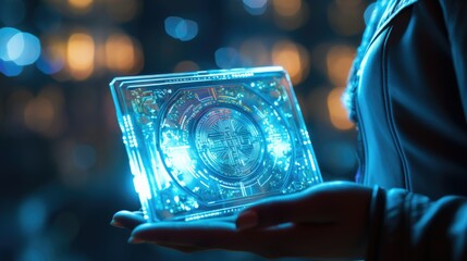 Cryptocurrency, featuring a person engaging various activities with the convenience of digital assets. Individual making purchases futuristic market using a cryptocurrency wallet app. Generative ai