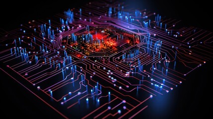 futuristic visualization of a fingerprint emerging from a digital circuit board, representing the integration of biometric data into the core of cyber technology. Generative ai