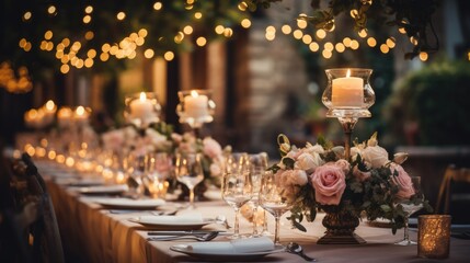 Wedding table adorned with rustic-chic decor, including vintage-inspired centerpieces, handwritten place cards, and fairy lights. Wedding romance as the table exudes charm . Generative ai
