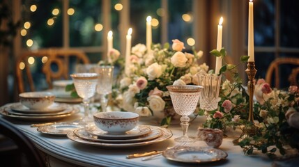 Fototapeta na wymiar Wedding table set with delicate china, crystal glasses, and lush floral centerpieces. Sophistication and celebration as the table becomes a canvas for love and joy. Generative ai