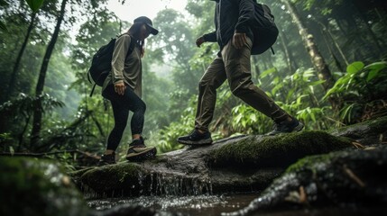 Jungle Challenge: In a low angle shot, an Asian couple attempts to climb over a log in a raining jungle, with the focus on their trekking shoes in this adventurous and challenging trek - obrazy, fototapety, plakaty