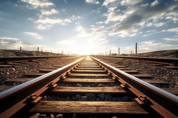 Fototapeta premium Ground-Level Halt: A Low Angle Photo Capturing the Detail of a Train Stopped Along the Track - A Still Moment in Railway Architecture and Transportation Infrastructure.