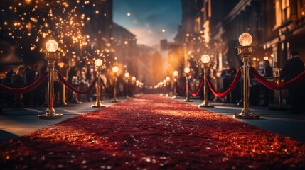 Star-studded red carpet event comes to life as celebrities and VIPs grace the entrance. Paparazzi swarm, capturing every moment frenzy of camera flashes. Red carpet exudes opulence. Generative ai - obrazy, fototapety, plakaty