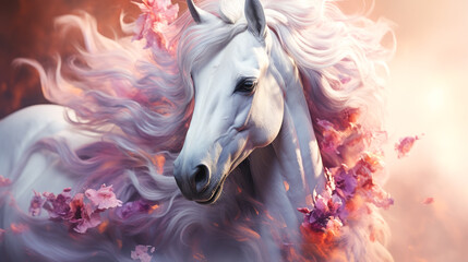 Captivating unicorn portrait, horse, close-up shot, adorned with holographic paint flowing gracefully down its majestic mane and coat. Generative ai
