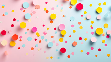 Whimsical pastel polka dot background, scattered dots in candy colors, perfect for a children's book cover or a lively social media post. Generative ai.