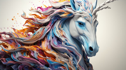 Captivating unicorn portrait, horse, close-up shot, adorned with holographic paint flowing gracefully down its majestic mane and coat. Generative ai