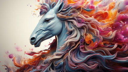 Obraz na płótnie Canvas Captivating unicorn portrait, horse, close-up shot, adorned with holographic paint flowing gracefully down its majestic mane and coat. Generative ai
