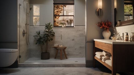 Bathroom area, showcase the functionality and style of bathroom with close-ups of key features. House design apartment modern. Generative ai