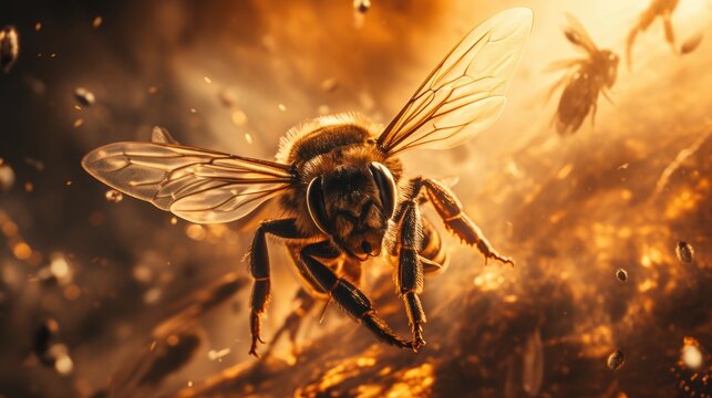 a bee takes center stage in a close-up shot that amplifies the tension. The bee's presence in this mysterious atmosphere is perfect for a thrilling. Generative ai