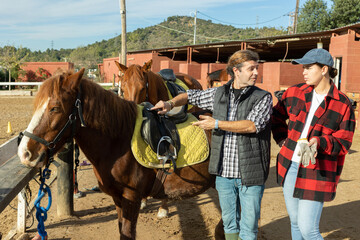 Two skilled man woman stable workers in plaid shirts standing close to saddled horse and discussing...