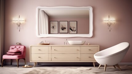 Soft colors on the wall complement a mirror with a unique and simple frame, creating a composition that effortlessly blends modernity with timeless elegance in high definition clarity.