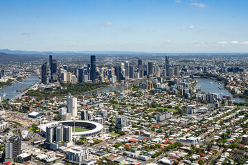 Aerial Photo of Brisbane CBD From overhead Coorparoo With The Gabba Stadium in the Foreground
